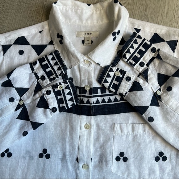 J Crew Linen Size 10 Shirt Blouse Navy Blue White Rollup Sleeves - Picture 6 of 16